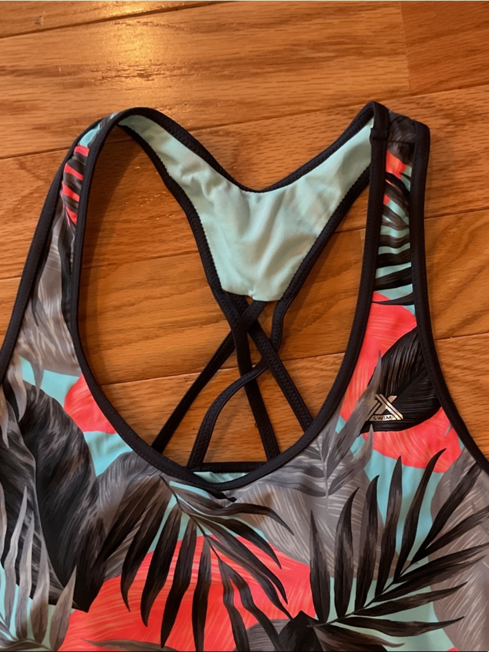 Xhilaration Tropical Palm Print Tankini Top - Coral, Teal, Black - Picture 3 of 8
